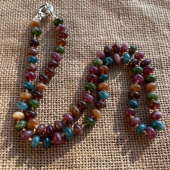Natural Stone Rondelle Colorful Tourmaline knotted Necklace Handmade New - Picture 12 of 13
